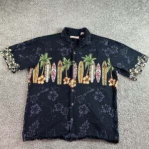 Paradise Blue Hawaiian Shirt Large Black Surf Boards Wrap Around Button Up